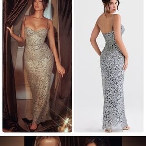 House of CB Katja Corset Dress Silver Metallic Lace Size Large Plus Cup Large